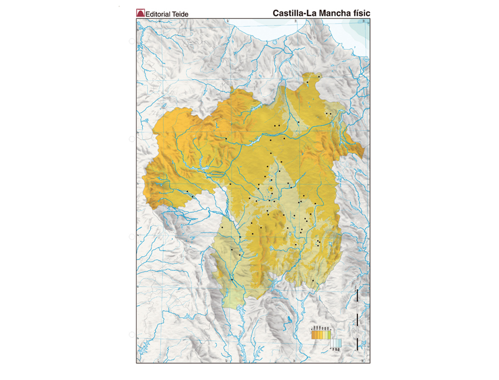 Mapa mudo color din a4 castilla-la mancha fisico