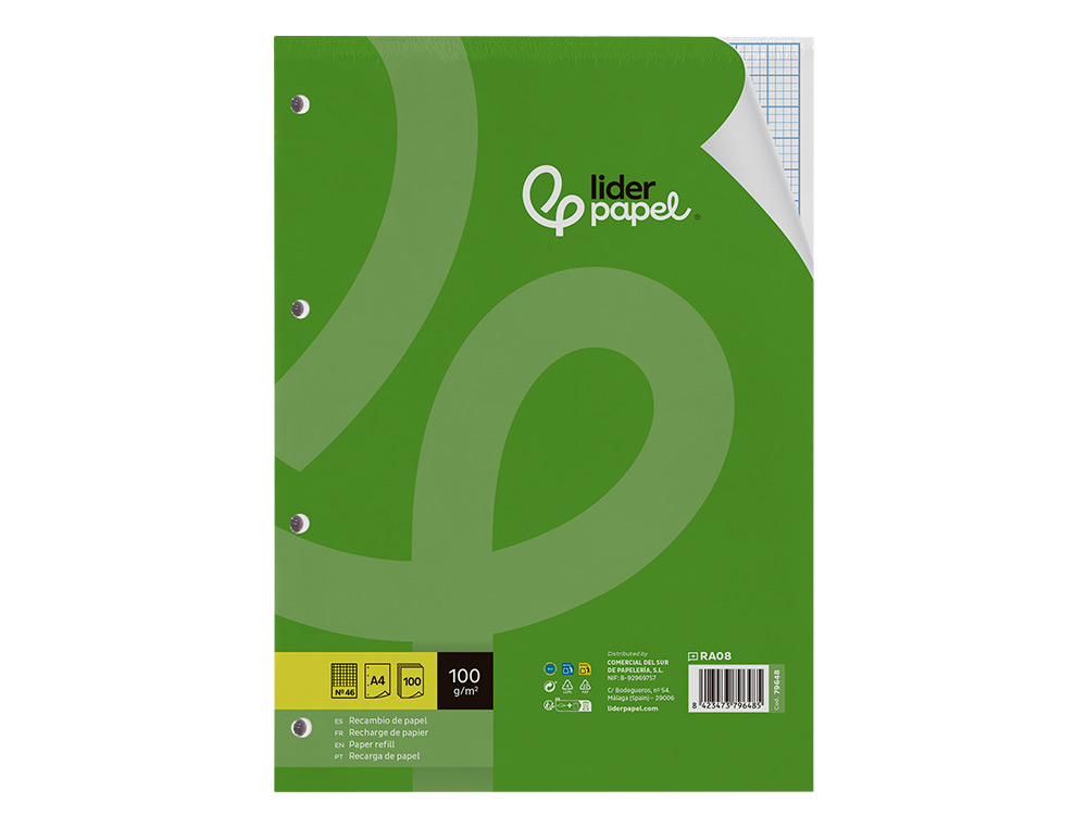RECAMBIO LIDERPAPEL A4 100 HOJAS 100G/M2 RAYADO Nº 46 4 TALADROS