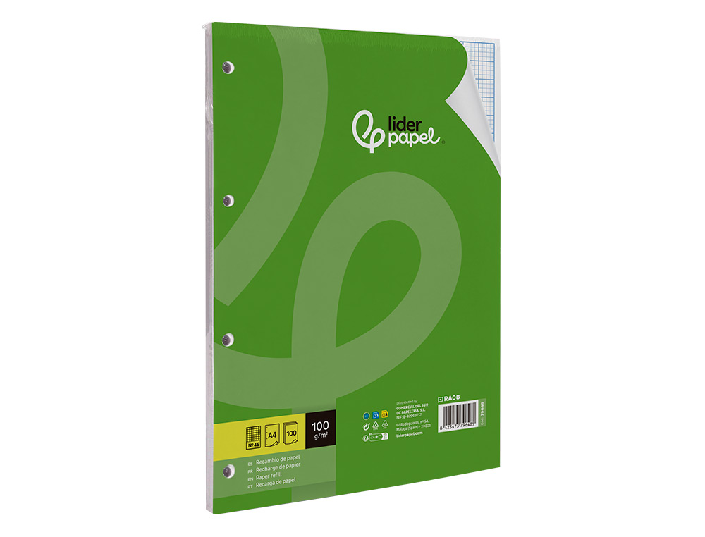 RECAMBIO LIDERPAPEL A4 100 HOJAS 100G/M2 RAYADO Nº 46 4 TALADROS