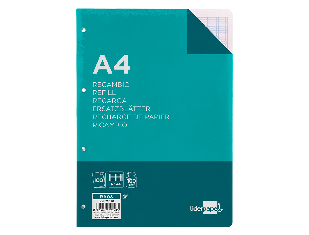 Recambio liderpapel a4 100 hojas 100 g/m2 rayado nº 46 4 taladros