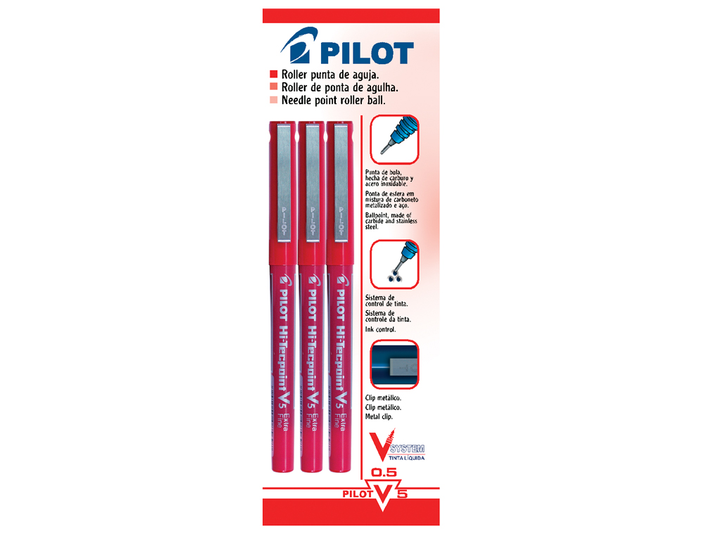 Rotulador pilot punta aguja v-5 rojo 0.5 mm blister de 3 unidades