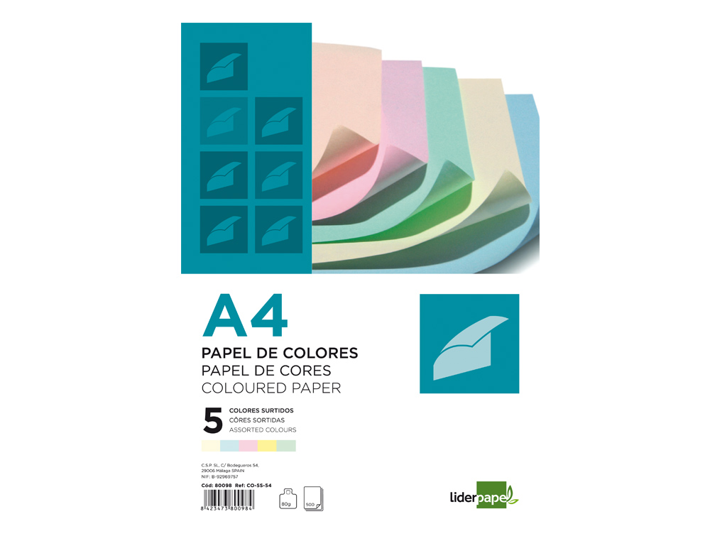 Papel color liderpapel a4 80gr 5 colores surtidos paquete de 500 hojas