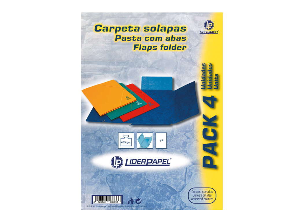 Carpeta liderpapel gomas folio 3 solapas carton simil prespan pack de 4 unidades colores surtidos