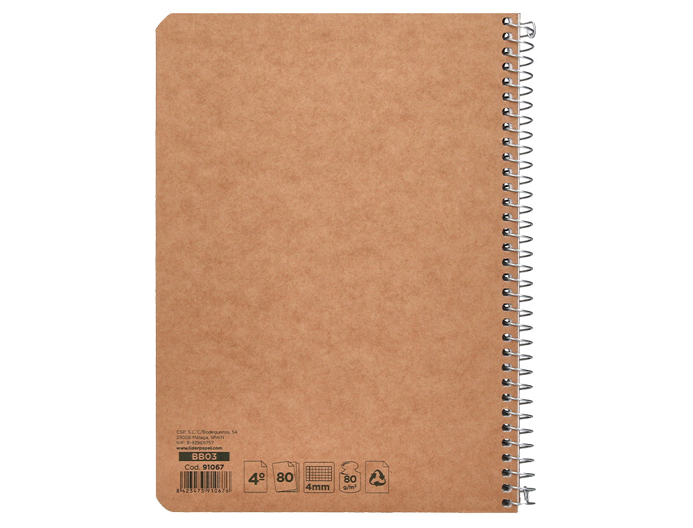 CUADERNO ESPIRAL LIDERPAPEL CUARTO ECOUSE TAPA CARTULINA KRAFT 80H PAPEL RECICLADO 80 GRCUADRO 4MM