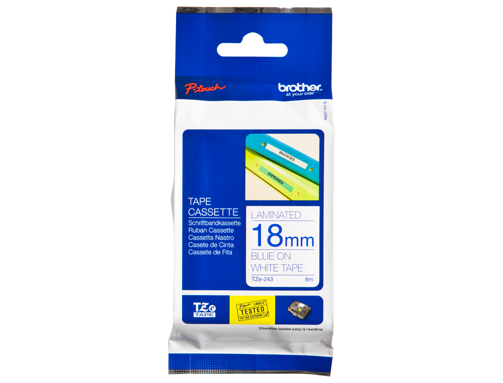 Cinta brother tze243 laminada azul-blanco 18 mm 8mts