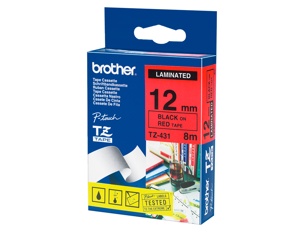 Cinta brother tze431 laminada negro-rojo 12mm x 8mts