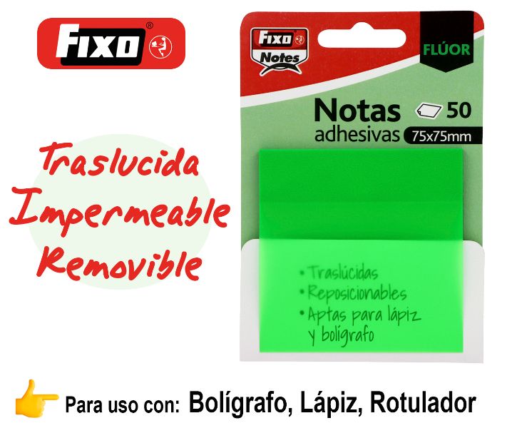 NOTAS ADHESIVAS TRASLUCIDAS 75X75 VERDE NEON BLOC DE 50 UNIDADES
