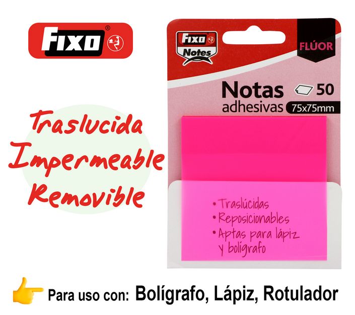 NOTAS ADHESIVAS TRASLUCIDAS 75X75 FUCSIA BLOC DE 50 UNIDADES