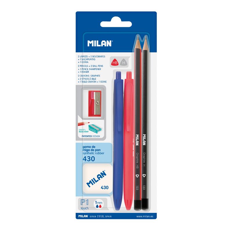 Blster 2 bolgrafos P1 Touch (azul/rojo) + 2 lpices grafito HB y H + goma 430 + sacapuntas
