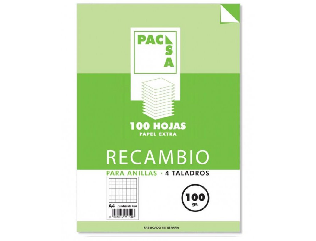 RECAMBIO DINA4 4 TALADROS 100 Hojas 100 Gramos CUADRICULA 4X4 MM PACSA