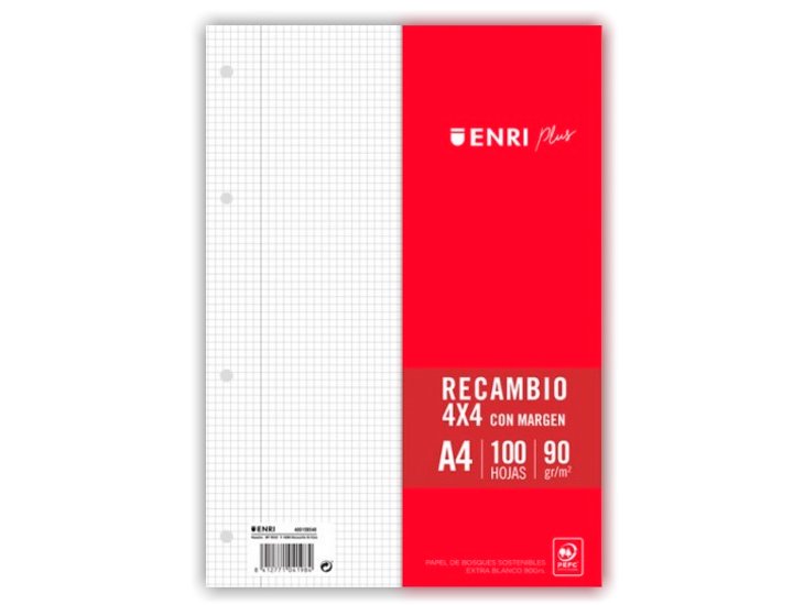RECAMBIO FOLIO  4 TALADROS CUADRO 4MM 90 Gramos 100 Hojas ENRI