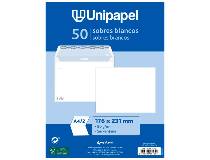 SOBRE BLANCO 176X231 MM PACK 50 Unidades
