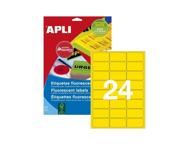 ETIQUETAS LASER APLI BOLSA 20 HOJAS 064,0X033,9 FLUOR AMARILLO
